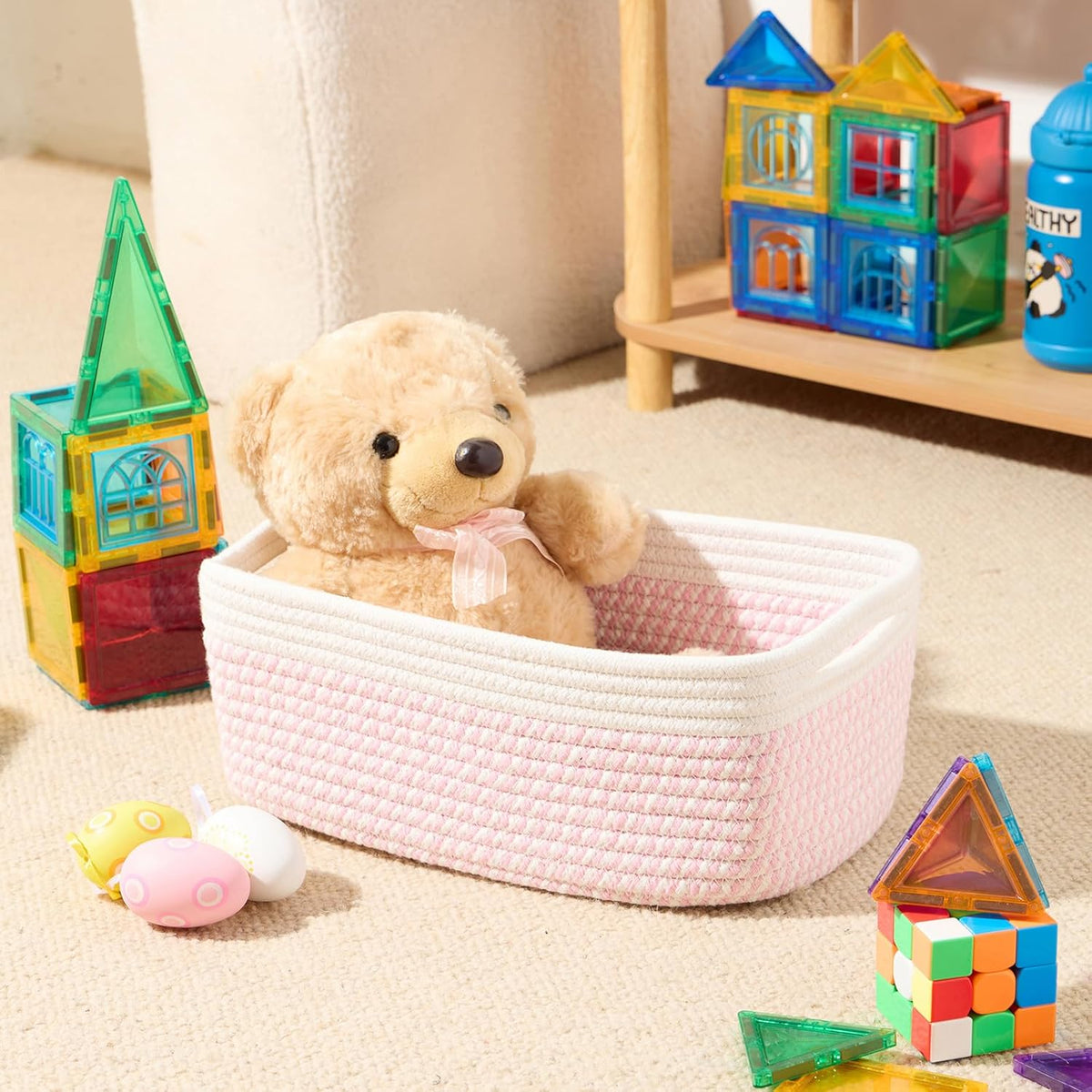 Small Storage Baskets for Organizing | Closet Organizer Bins | Shelf Toy Basket | Woven Rope Baskets | Cube Decorative Box | Shallow Basket | 13x8.5x5.1” | 4 Packs White Pink