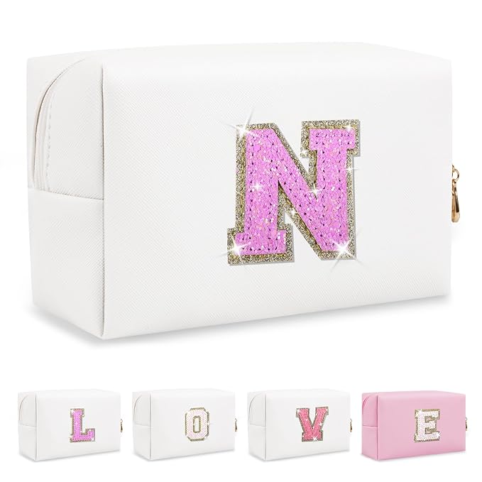 Small Initial Patch Makeup Bag Personalized Gifts Make Up Bag,White Cute PU Leather Glitter Letter Cosmetic Bag with Zipper,Trendy Portable Travel Toiletry Pouch,Preppy Stuff for Teen Girls Women N