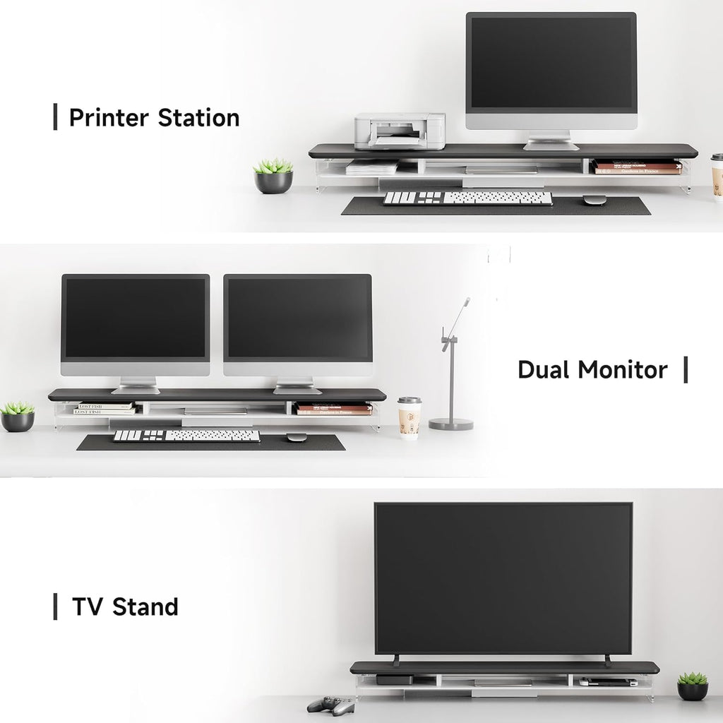 Fenge Acrylic Monitor Stand Riser, 42.5 Inches Dual Monitor Stand with Metal Storage, 2 Tier Acrylic Computer Riser for Desk, Clear Laptop Stand for PC, Laptop, Printer, TV, Black