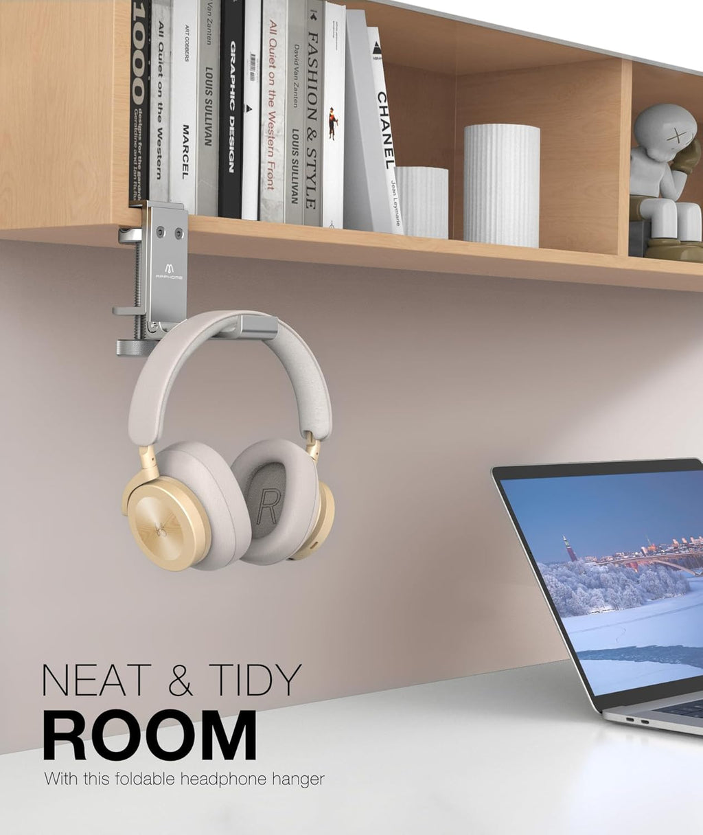 Foldable Headphone Stand and Hook – Aluminum Headset Holder Clamp Mount Under Desk, Universal Fit for Gaming Headphones, Space-Saving Hanger Organizer