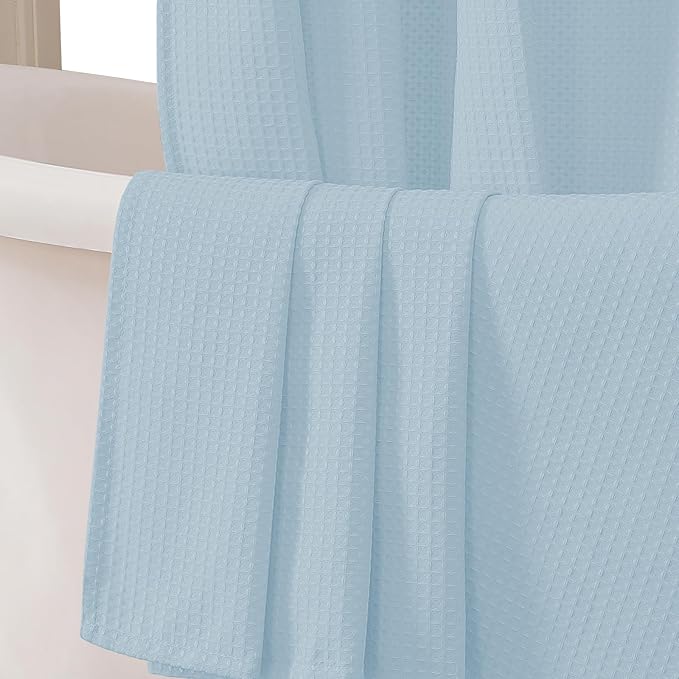 OVZME Extra Long Shower Curtain Set - 84 Inch Long Waffle Weave Heavy Duty Cloth Shower Curtain for Bathroom, Luxury Weighted 230GSM Bath Curtain Set with 12 Plastic Hooks, 72Wx84L, Glacier Blue