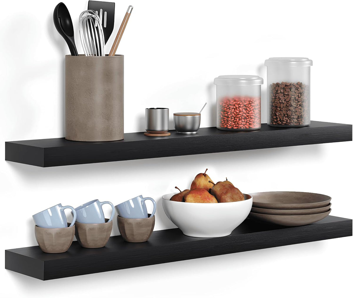 Homeforia Black Floating Shelves 36 inches Long, High End Solid Real Wood 36 inch Floating Shelf for Wall Mounted, Black Wooden 36in Floating Shelves, Heavy Duty Bracket, 36 X 6.5 X 1.75 in, Set of 3