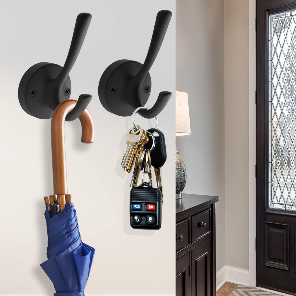 Black Wall Hooks, 6 Pack Coat Towel Hook Heavy Duty Metal Double Bath Robe Hook Wall Mounted, Hat Hooks for Cubicle Bathroom Kitchen Closet Garage