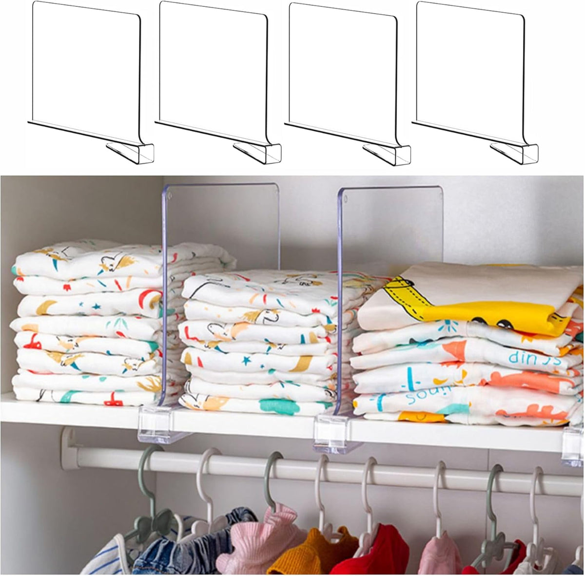 Yieach 4 Pack Clear Acrylic Shelf Divider for Closet Organization - 9.2″ Tall Closet Dividers for Wood Shelves,Cupboard,Vertical Shelf Separators in Closet for T-Shirt,Purse,Handbag,Sweater Organizer