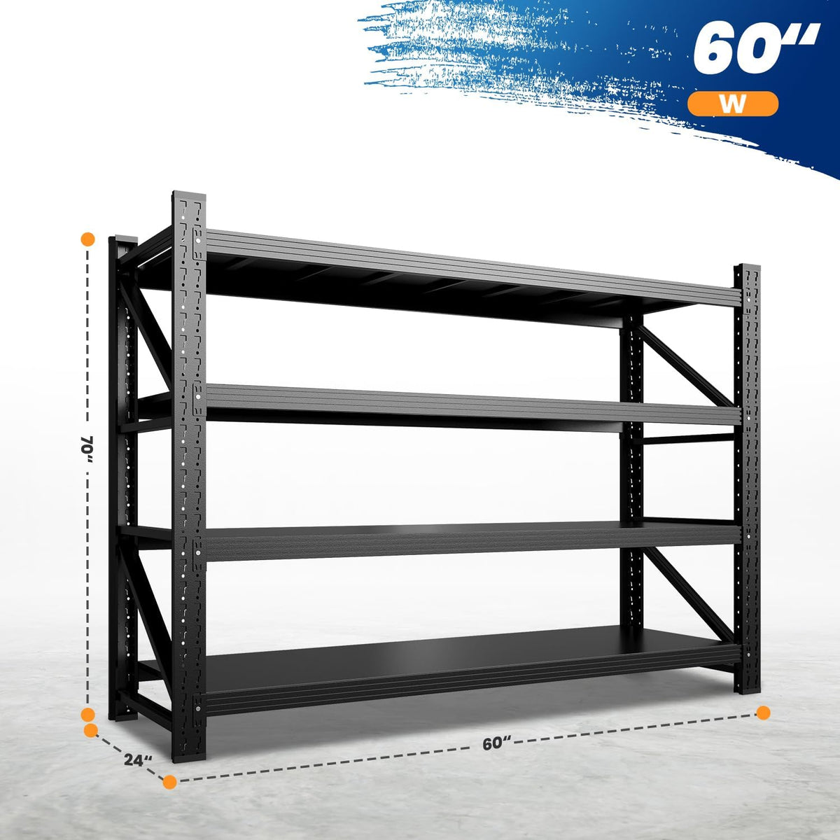 MIIIKO 60" W Storage Shelves,4800LBS Metal Garage Storage Shelving,Heavy Duty Adjustable Unit Storage Shelves for Warehouse,Basement,60" W x 24" D x 70" H,Black