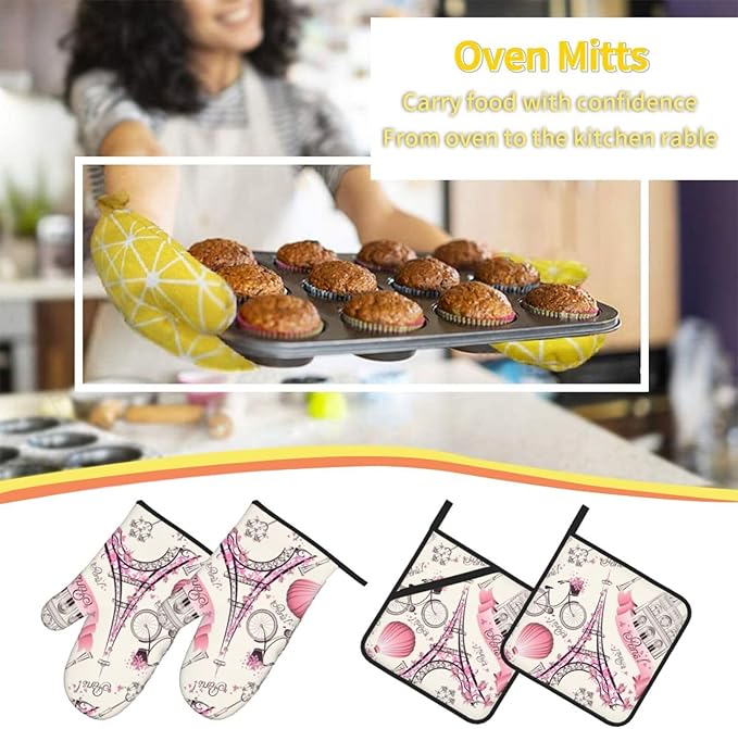 Paris Eiffel Tower Oven Mitts and Pot Holders 4 Pcs Set Oven Gloves and Potholders for Cooking Microwave BBQ Baking Grilling