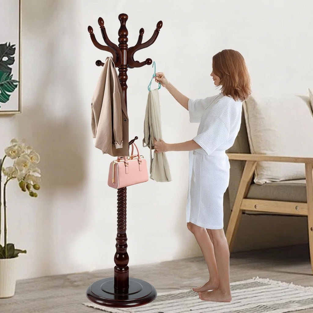 Solid Wooden Coat Rack Stand, Coat Racks Freestanding with 11 Hooks, Natural Birch Wood Coat stands with Triangle Base, Tree Coat Hanger Standing for Entryway Bedroom Office (Antique triangle)