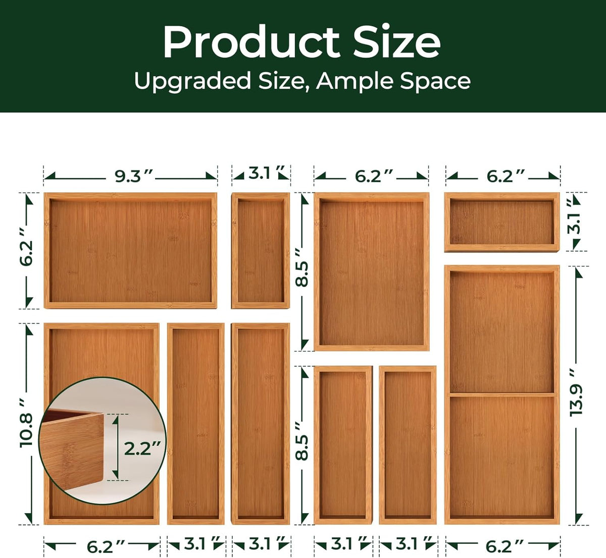 10-Piece Bamboo Drawer Organizer Set, 2.2" Deep Multi-Use Organizers for Utensils, Silverware, Cutlery, Desk, Bathroom, Junk Drawer & Makeup, Non-Slip Feet Included.