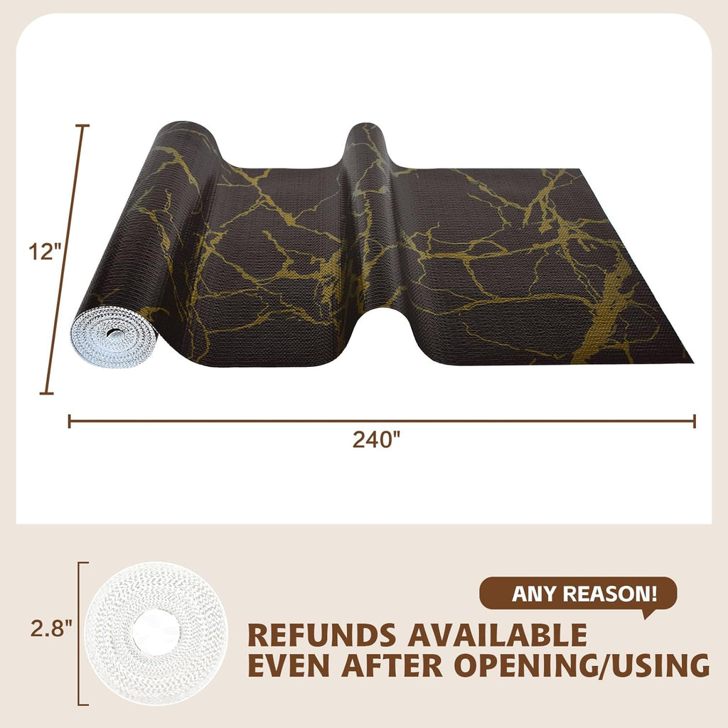2-Layer Drawer and Shelf Liner for Kitchen Cabinet: 17.3in X 20Ft Non Slip Waterproof Shelf Paper Non Adhesive Refrigerator Liners Black/Gold Marble Easy Liners for Bathroom with Knife Tape Measure