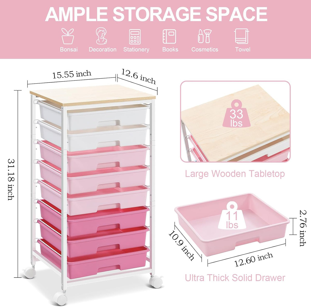 Rolling Cart with Drawers,Storage Cart with 8 Drawers and Wooden Tabletop,Utility Cart for Living Room,Classroom, Bedroom,Bathroom,Dorm,Office,Rose Pink