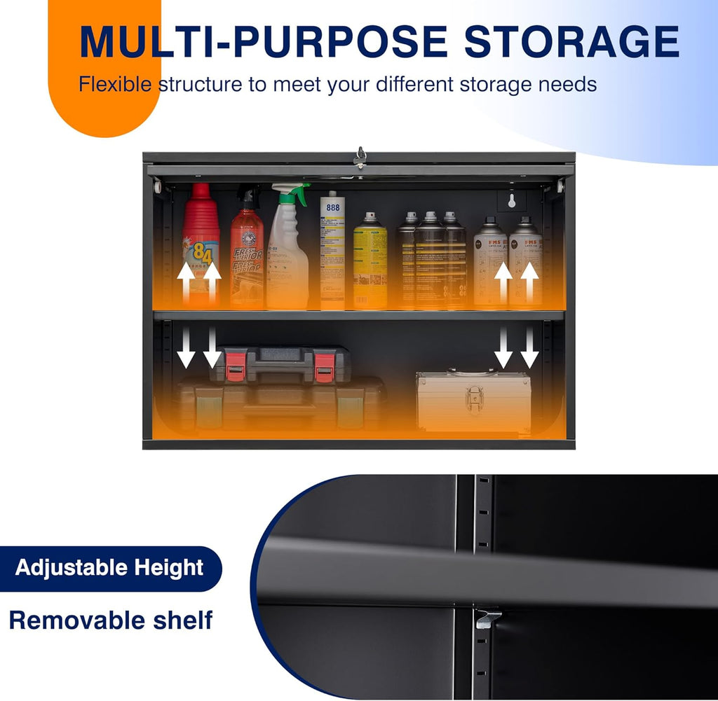 Yizosh Metal Garage Wall Cabinet with Doors and Shelves, Wall Mounted Metal Storage Cabinet, Floating Garage Tool Cabinet for Garage, Basement, Kitchen, Warehouse (Black, 21.6" H)