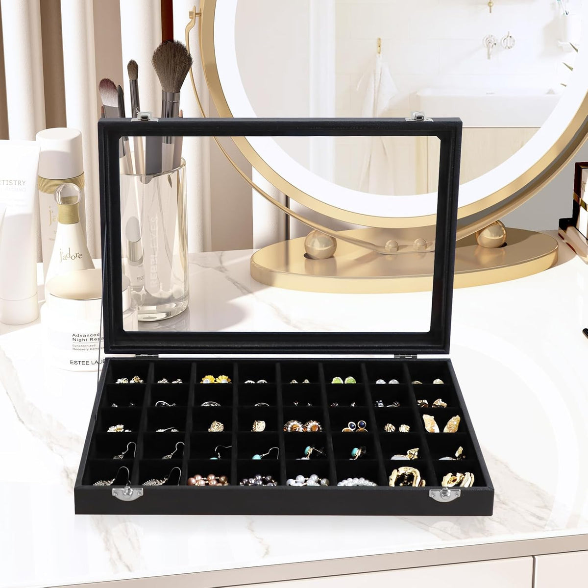 Wudygirl Jewelry Organizer 40 Grid Earring Holder Organizer with Clear Lid Jewelry Box for Rings Earrings Bracelets Storage Display Case for Women