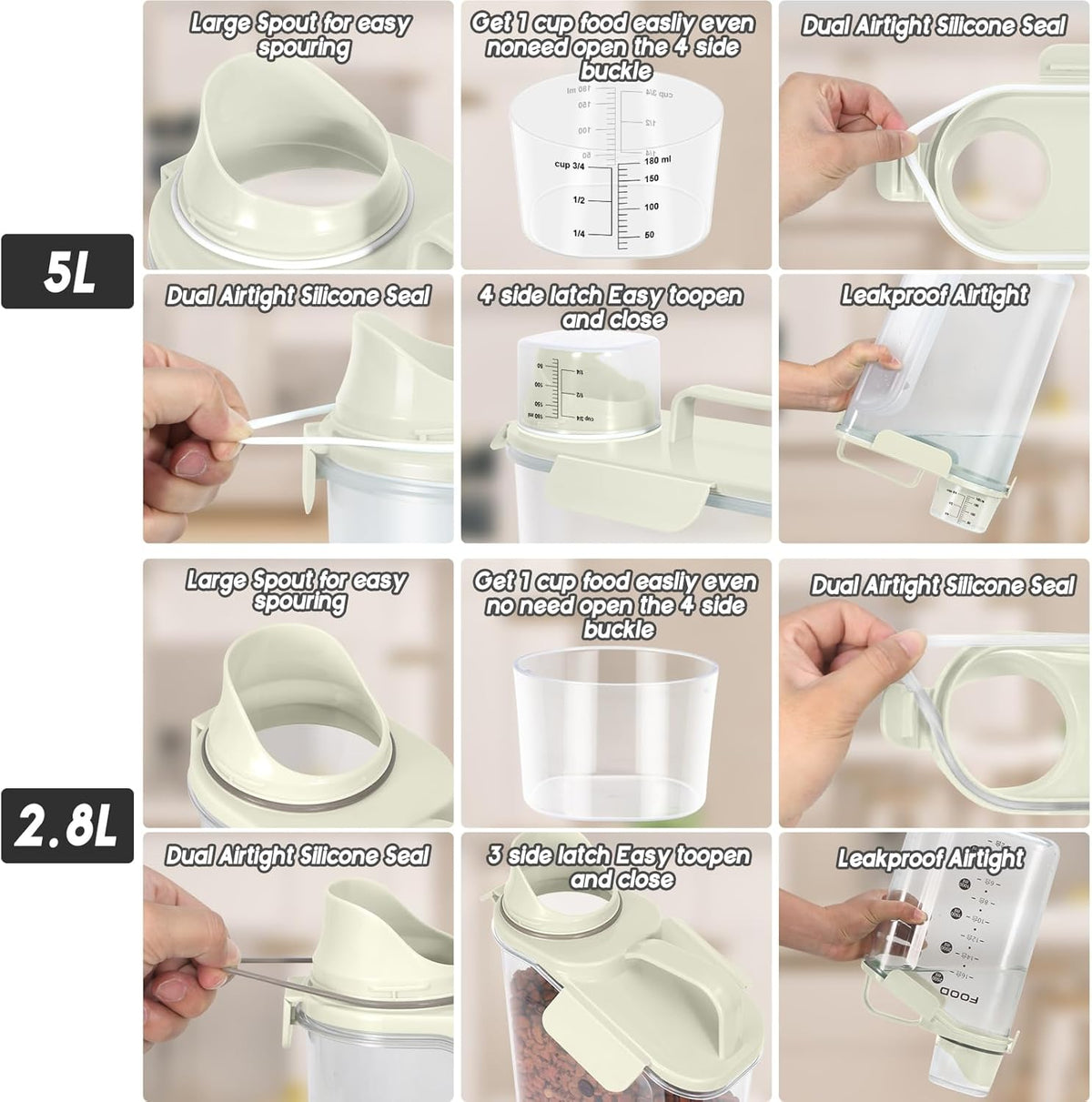 8-12 LBS Cat Dog Pet Food Storage Container, Plastic Dispenser Upgraded Large Nozzle, BPA-free, With Sealed Clasps, Measuring Cup and Handle, Easy to Clean and Carry -2 Packs Beige
