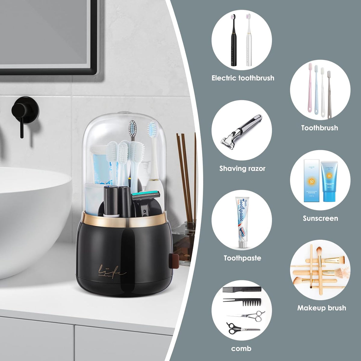 EXIN DECHEN Toothbrush Holders with Cover for Bathrooms, 360° Rotating 7-Slot Draining Water for Placing Kids Electric Toothbrushes,Toothpaste,Razors,Bathroom Counter Dresser Vanity Organizer(Black)