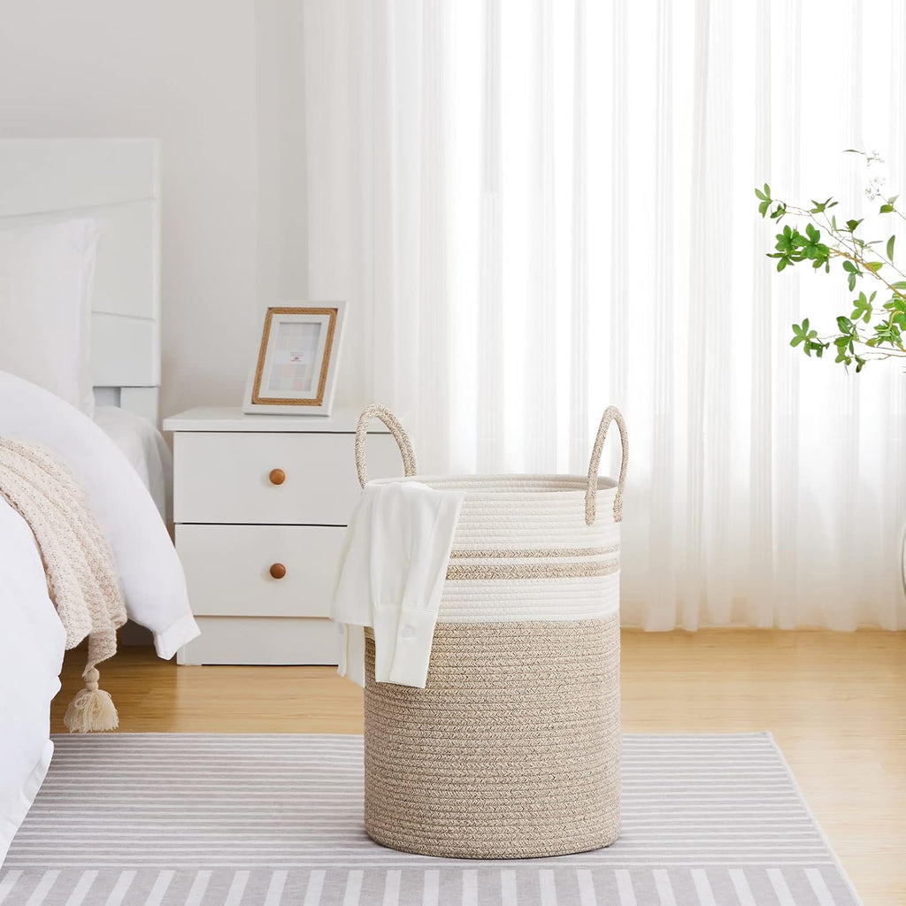 VIPOSCO Large Laundry Hamper, Tall Woven Rope Storage Basket for Blanket, Toys, Dirty Clothes in Living Room, Bathroom, Bedroom - 58L Brown & White
