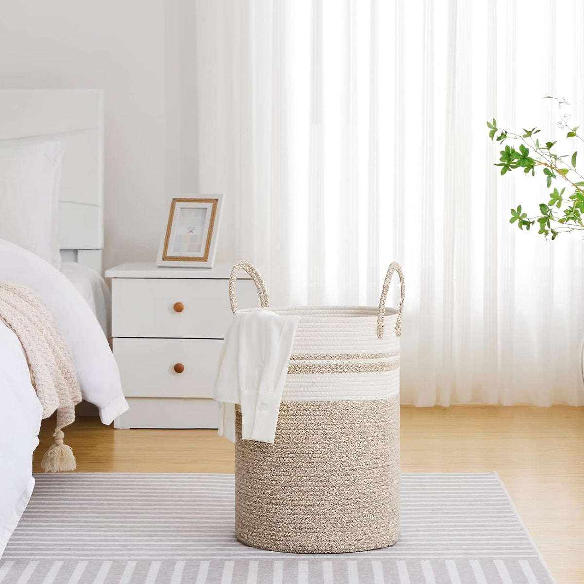 VIPOSCO Large Laundry Hamper, Tall Woven Rope Storage Basket for Blanket, Toys, Dirty Clothes in Living Room, Bathroom, Bedroom - 58L Brown & White