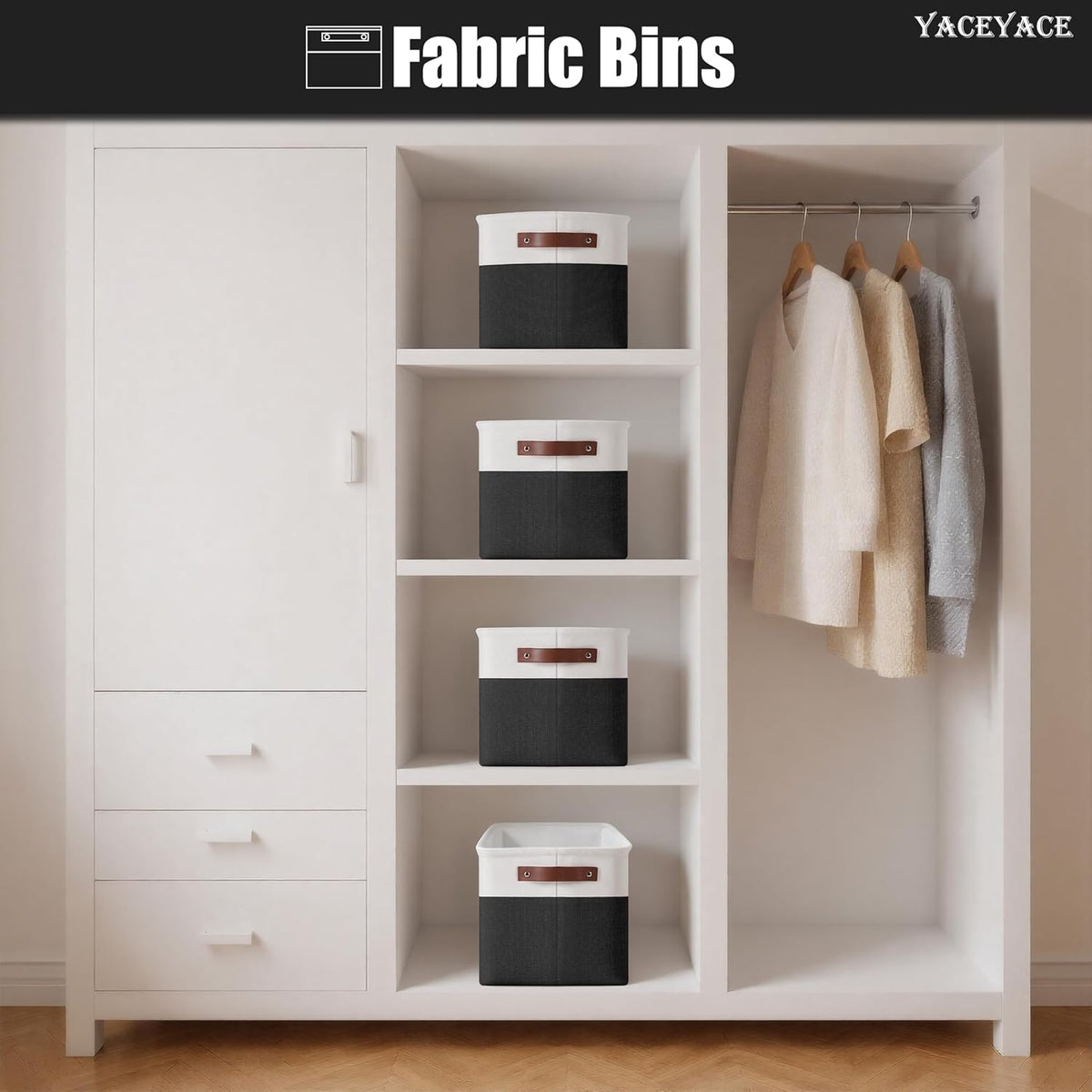 Storage Baskets, 4 Pack Linen Fabric Storage Bins for Shelves, Foldable Baskets with Handles for Home Organization, 15"x11"x9.5"