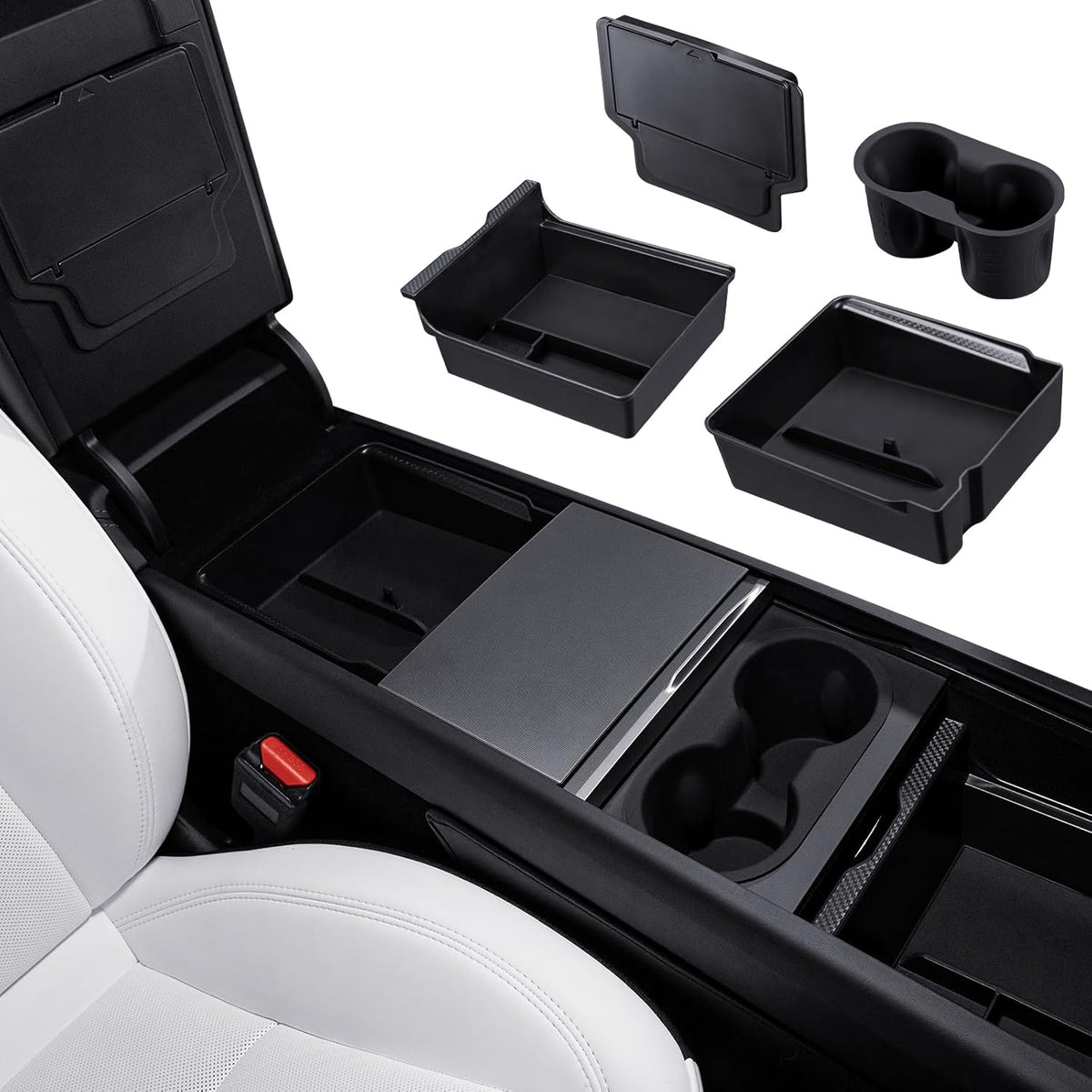 Motrobe 2026 Tesla Model Y Tesla Model 3 Center Console Organizer Tray Cup Holder Magnetic Armrest Hidden Storage Box Model 3 Highland Model Y Juniper (Standard/Premium/Performance) Accessories 4PCS