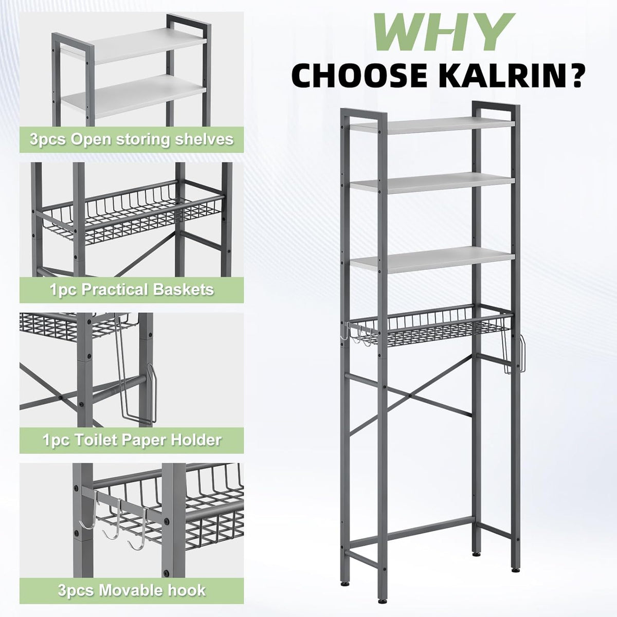 Over-The-Toilet Storage Rack, 4-Tier Bathroom Organizer Shelf Over Toilet with Adjustable Shelf and Basket, Freestanding Space Saver Bathroom Shelves Above Toilet for Room (Gray- White)