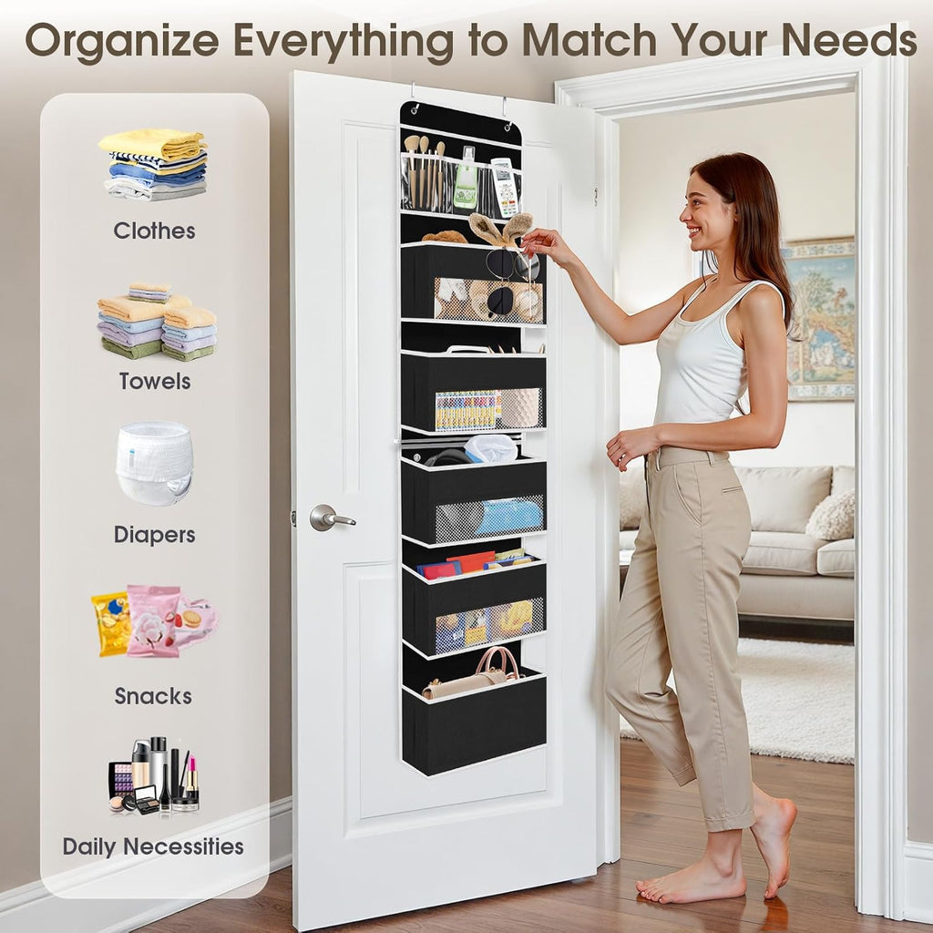 6-Tier Over The Door Organizer Hanging Storage Organizers with Clear Window 40lb Large Capacity Room Organizer for Pantry Bathroom Nursery Closet(Black)