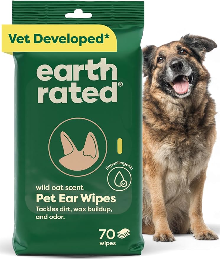 Earth Rated Vet-Developed Pet Ear Wipes, Hypoallergenic Cleaner for Dogs & Cats Ears to Remove Dirt and Wax Build Up, Wild Oat Scent, 70 Count