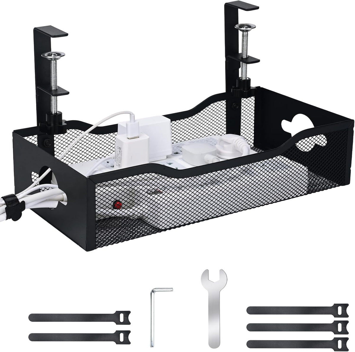 Large Under Desk Cable Management Tray - Heavy Duty Metal Cord Organizer with No Drill Installation for Office & Home Office Desks to Hide Wires & Power Strips (Black, XL)