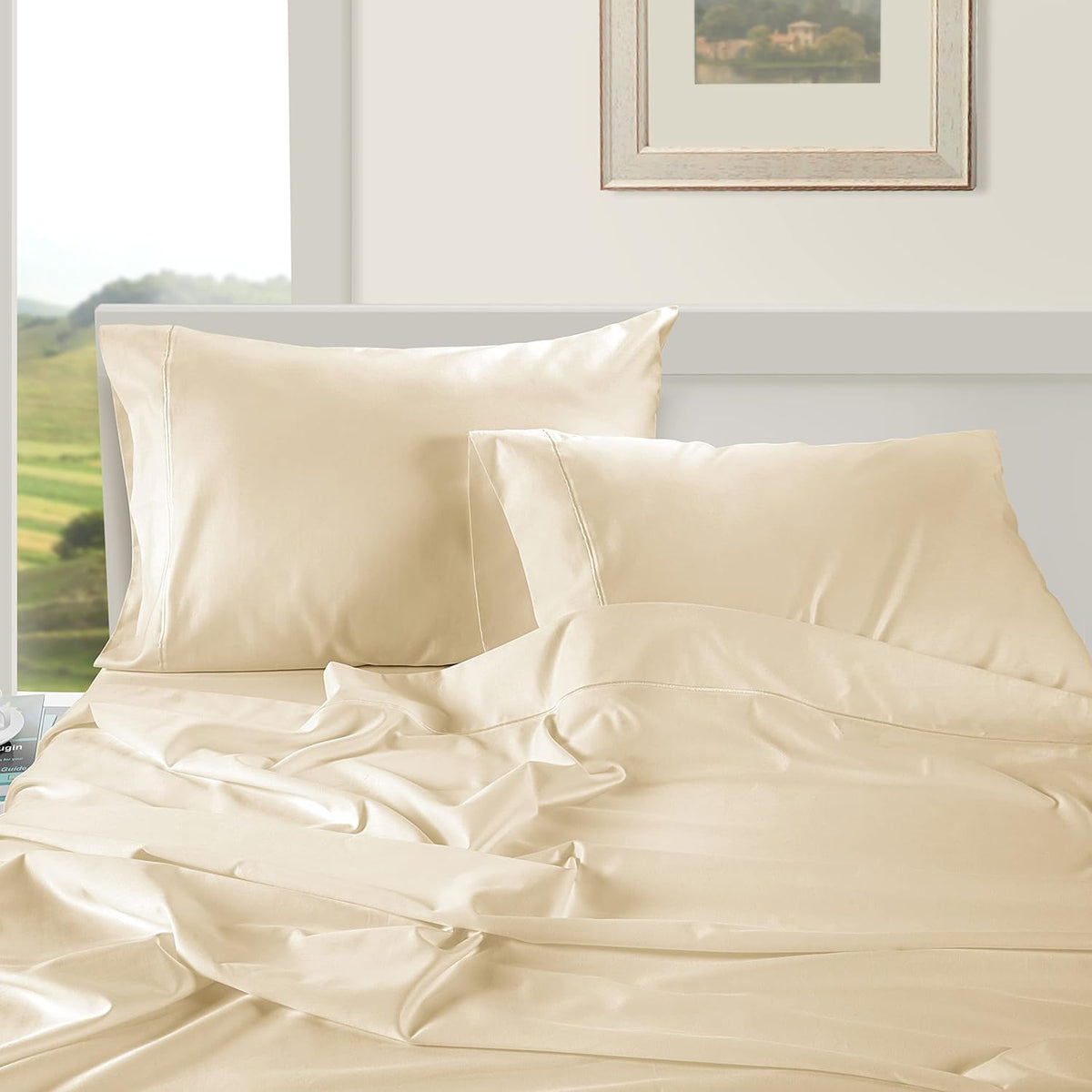 LANE LINEN Pillow Case Covers King Set of 2 100% Egyptian Cotton Sateen Soft Cool & Smooth 1000 Thread Count Cases - Ivory