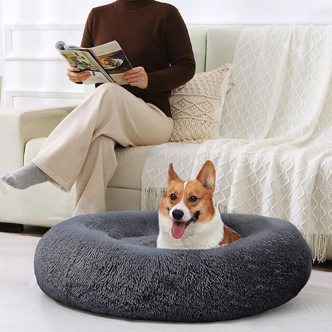 JOLLYVOGUE Dog & Cat Bed, Calming Anti-Anxiety Pet Bed for Small Dogs, Fluffy Donut Cushion for Small and Medium Pets (20")