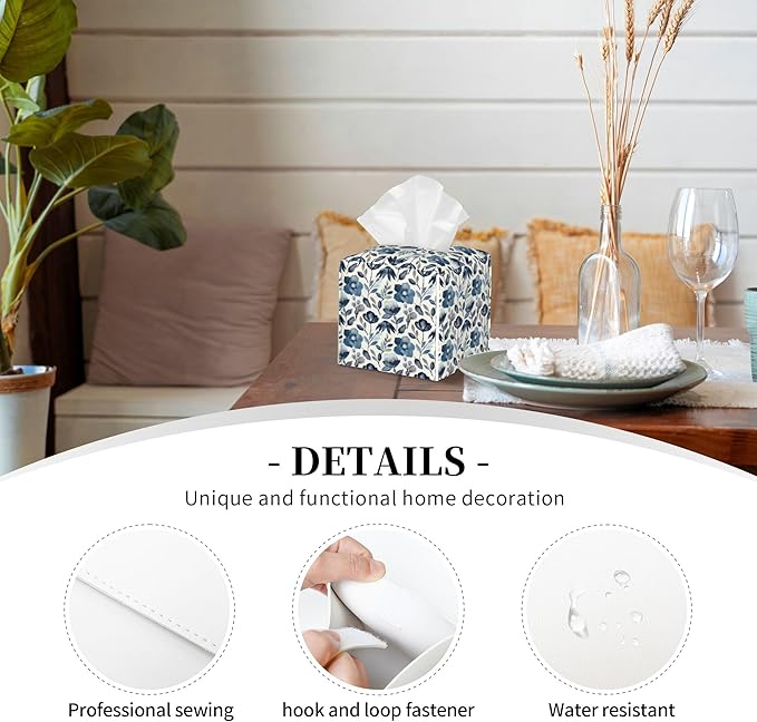 Watercolor Blue Floral Tissue Box Cover Square,Blue Flowers and Leaves Tissue Box Holder Waterproof Leather Facial Paper Organizer Dispenser for Bathroom Home Car Nightstand Vanity Desk