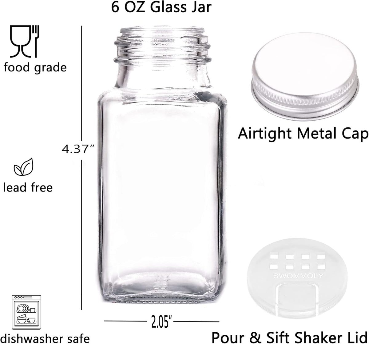SWOMMOLY 25 Glass Spice Jars 6 oz Empty Square Spice Bottles with 703 Spice Labels, Chalk Marker and Funnel Complete Set. Spice Containers with Airtight Cap, Pour/sift Shaker Lid
