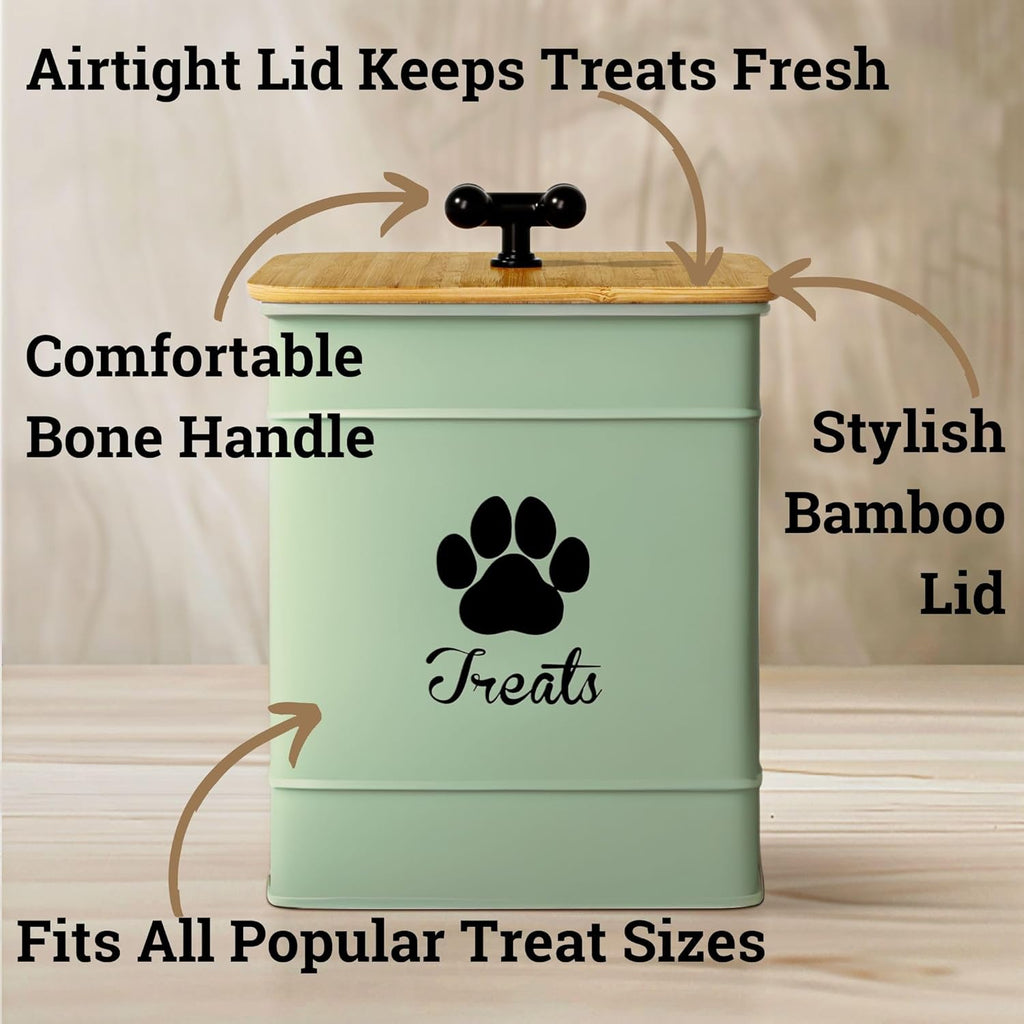 Dog Treat Container Airtight - 6 Inch Wide x 8 Inch Tall Iron Dog Treat Jar for Kitchen Counter with Airtight Bamboo Lid - 12 Cup Capacity Pet Treat Container - Doggie Cookie Jar - Big Treats Canister