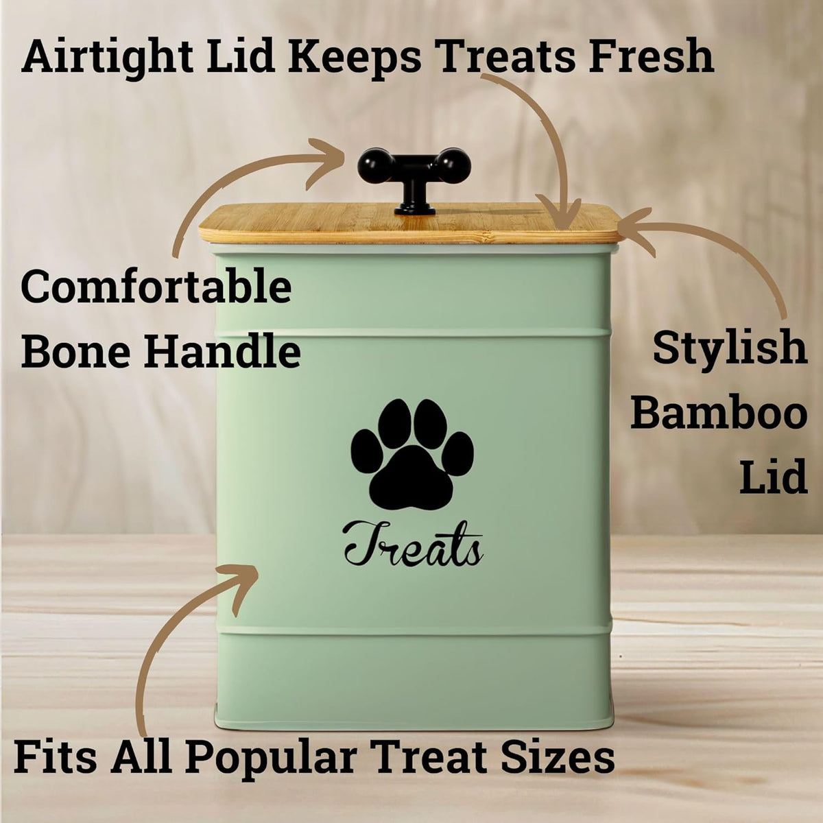Dog Treat Container Airtight - 6 Inch Wide x 8 Inch Tall Iron Dog Treat Jar for Kitchen Counter with Airtight Bamboo Lid - 12 Cup Capacity Pet Treat Container - Doggie Cookie Jar - Big Treats Canister