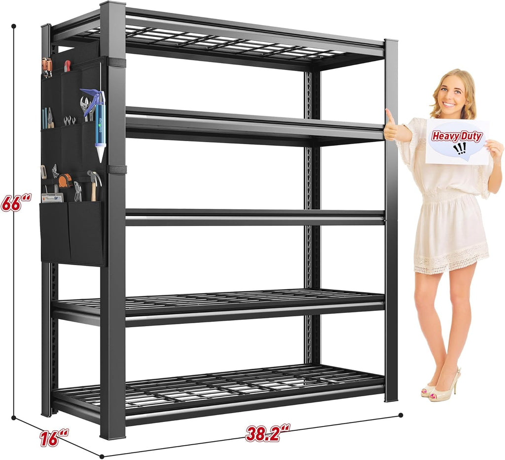 REIBII Storage Shelves, Heavy Duty Garage Shelving Load 2500LBS, 5-Tier Garage Shelves with Tool Storage Bag, Adjustable Industrial Metal Shelving for Basement, 66" H x38.2 W x16 D, Black