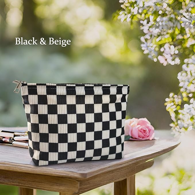 STARDW Corduroy Checkered Makeup Bag Cute Cosmetic Bags for Women Girls, Travel Toiletry Bag Large Capacity Zipper Makeup Pouch, Purse Organizer Pouches