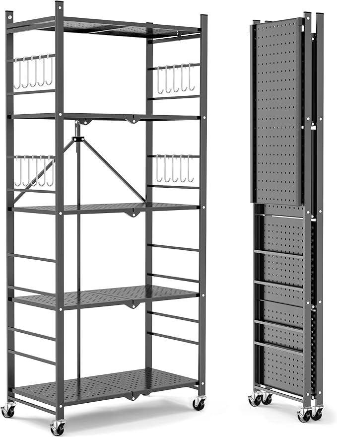 Himix Storage Shelves with 20 Hooks, 5-Tier Foldable Shelves