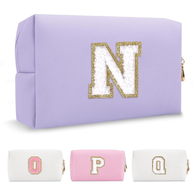Personalized Makeup Bag Initial A-Z Preppy Patch Bag,Small PU Leather Travel Cosmetic Bag Pouch with Zipper,Purple Cute Toiletry Bag,Gift Ideal for Teen Girls Women Birthday Friend Mom,Latter N