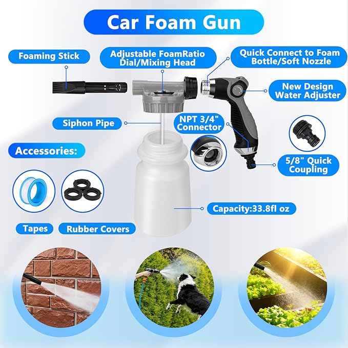 ThinkLearn Car Wash Detailing Kit with Foam Gun, Car Cleaning Kit Set,Car Wash Brush with Long Handle, Large Folding Bucket for Interior Exterior Car Wash Supplies, Car Gift Set Gray