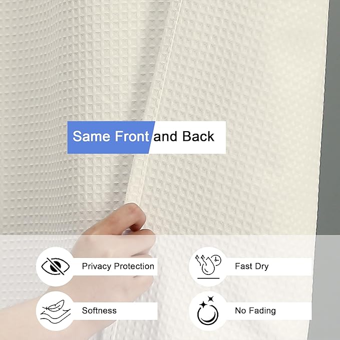 OVZME Extra Long Shower Curtain Set- 96 Inch Long Waffle Weave Heavy Duty Fabric Shower Curtains for Bathroom, Luxury Heavy Duty Thick Cloth Shower Curtain with 12 Plastic Hooks, 72x96, Cream
