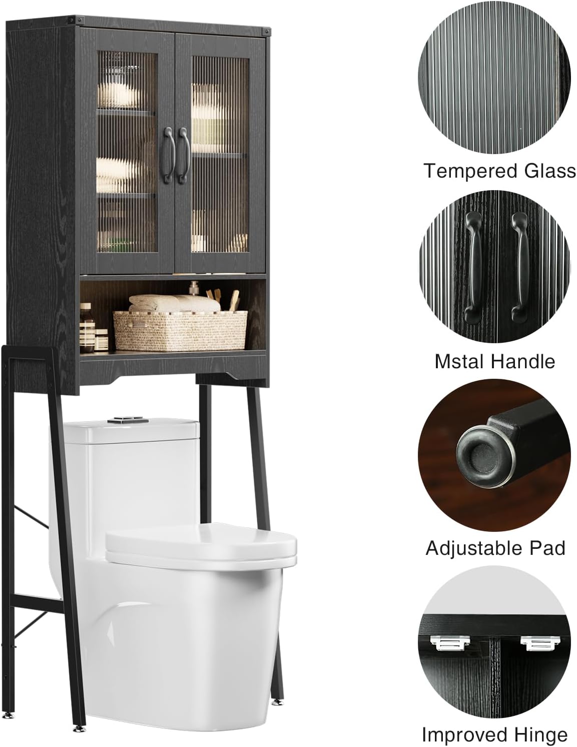 Over The Toilet Storage Cabinet with Tempered Glass Doors & Adjustable Shelf, Bathroom Organizer with Metal Stand Space Saver Over Toilet , Tall Freestanding Shelf/Rack for Bathroom, Black