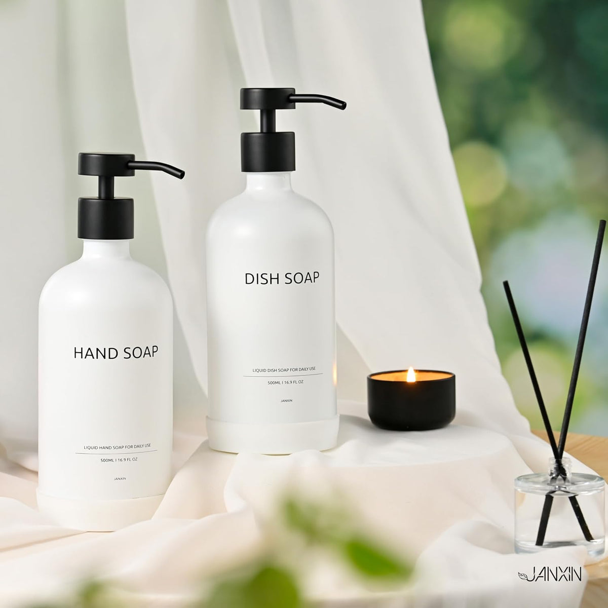 Glass Kitchen Soap Dispenser Set with Ceramic Tray,16.9 floz Hand and Dish Soap Dispenser for Kitchen and Bathroom Decor (White Bottles + Black Pumps)