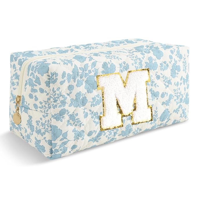 Personalized Quilted Cosmetic Bag, Puffy Monogrammed Christmas Birthday Gifts for Women & Girls, Cute initial Floral Makeup Bag Puffer Coquette Bag, Aesthetic Travel Toiletry Zipper Pouch(Blue,M)