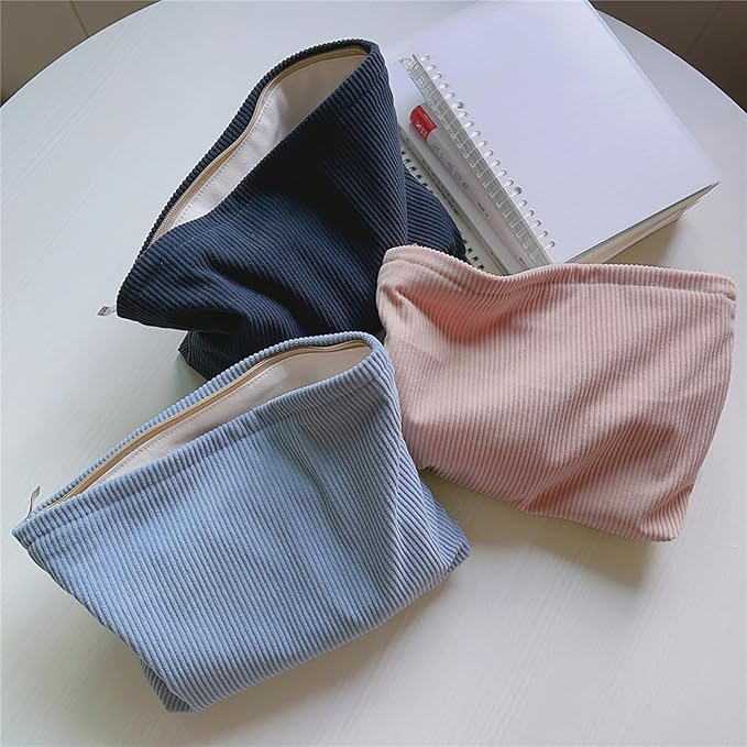HAPPYHEIDI Large Corduroy Makeup Bag Compartment Cosmetic Toiletry Travel Accessory Pouch Purse Organizer, Soft Creamy Pink