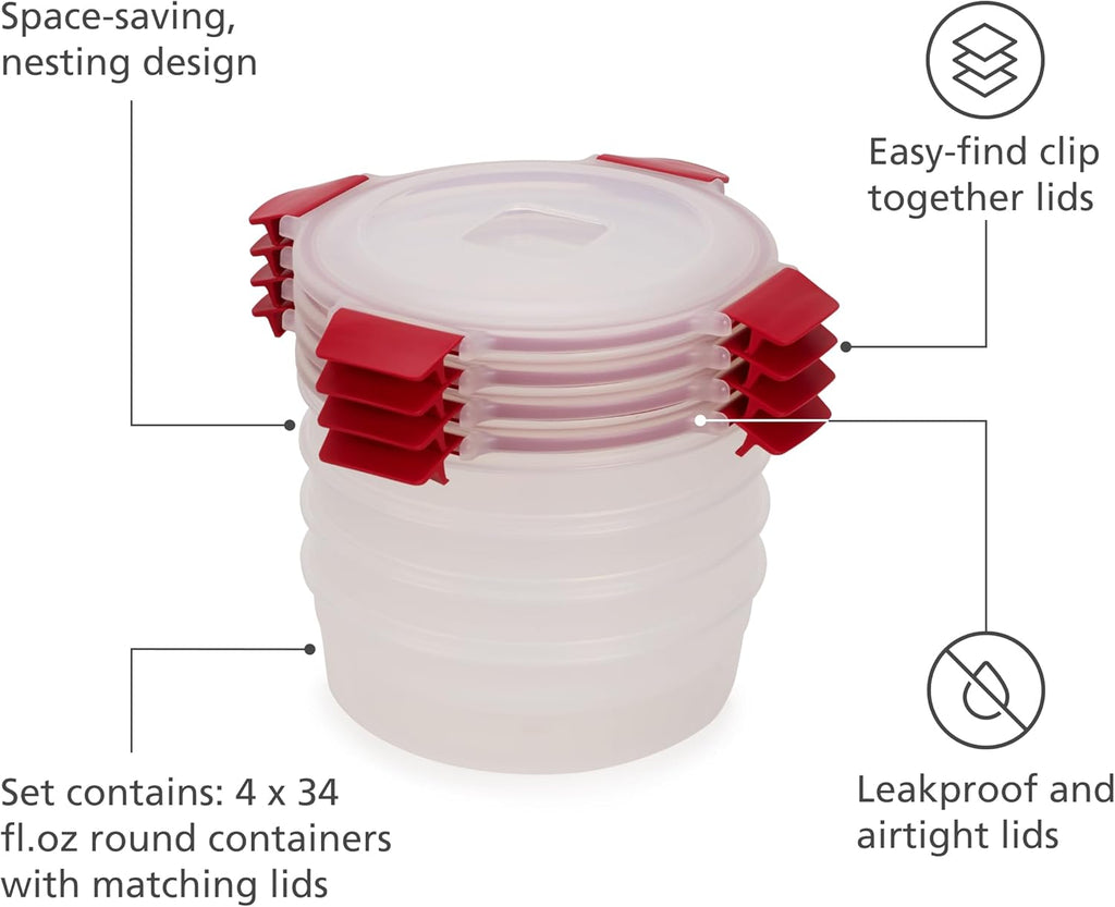 Joseph Joseph Nest Lock 8-piece Plastic BPA Free Round Food Storage Container Set with Lockable Airtight Leakproof Lids - Red