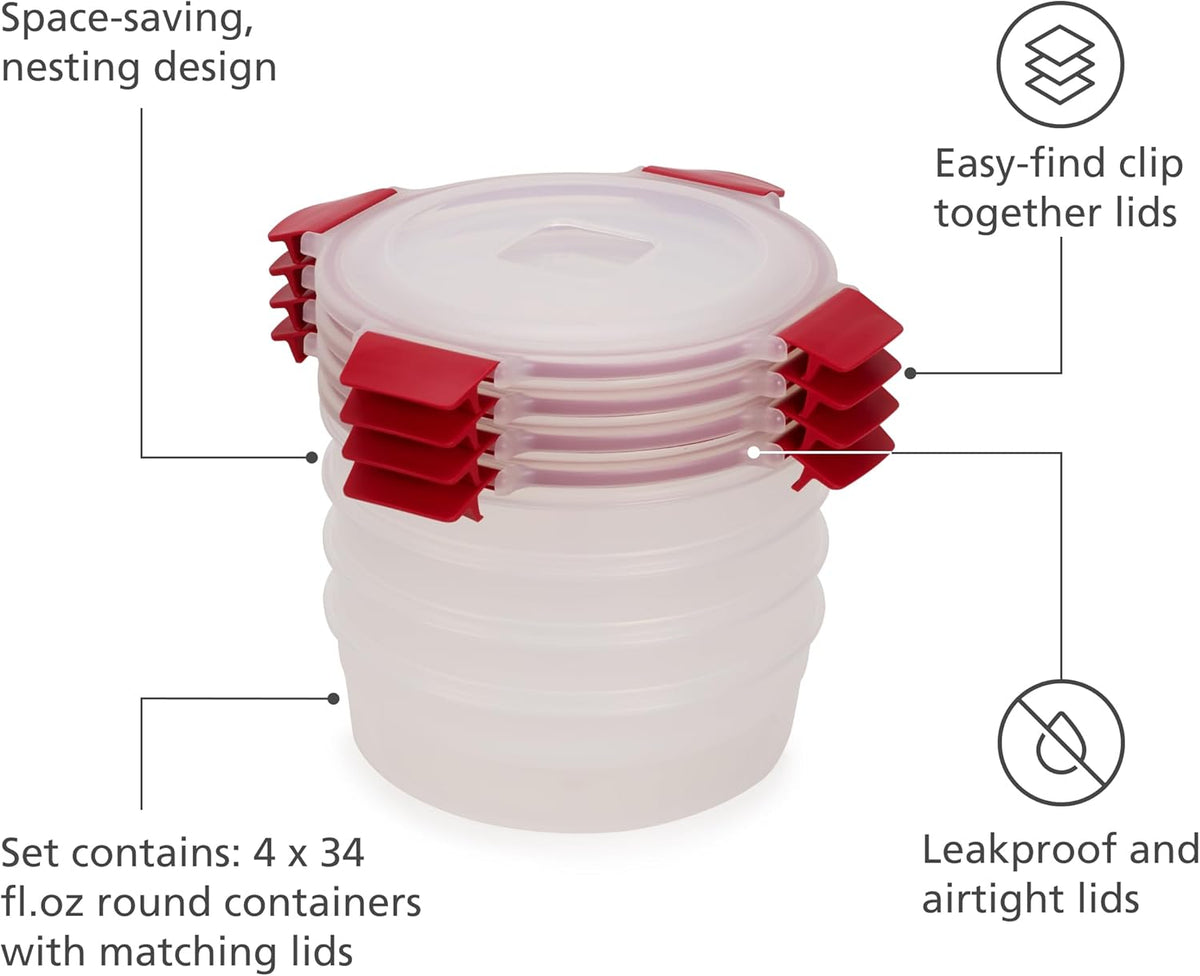 Joseph Joseph Nest Lock 8-piece Plastic BPA Free Round Food Storage Container Set with Lockable Airtight Leakproof Lids - Red