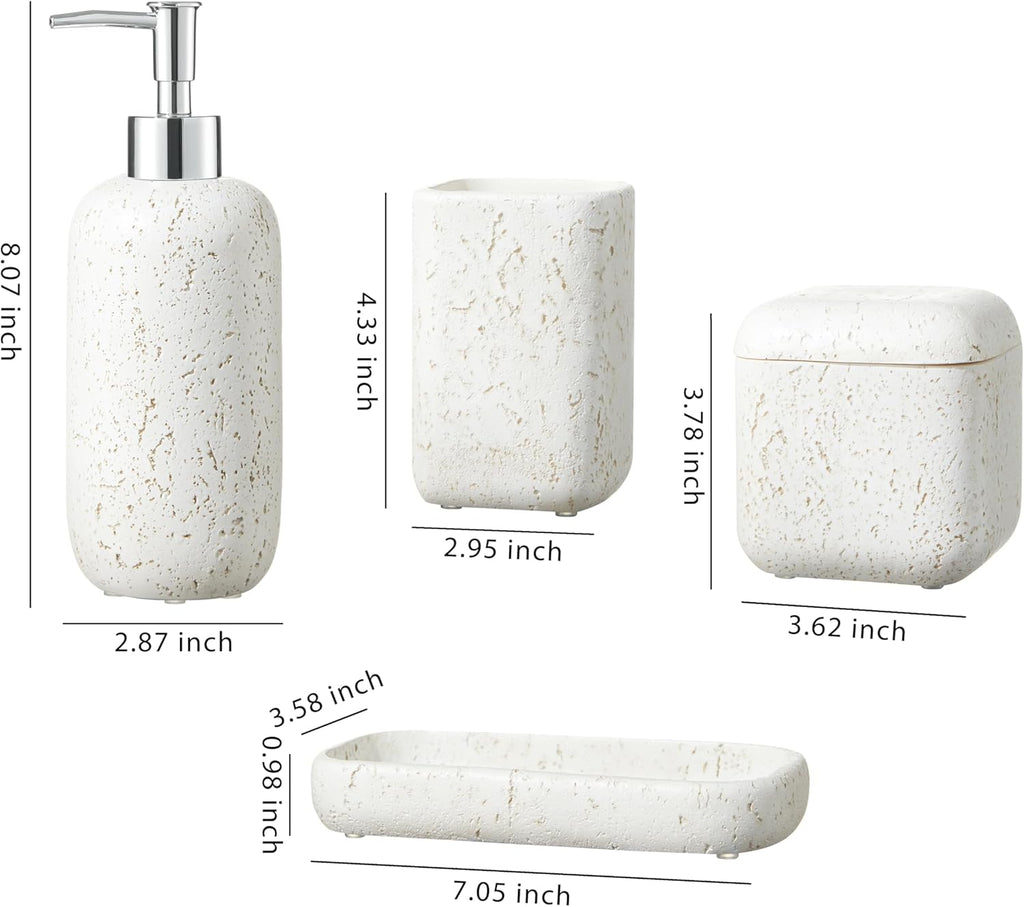 4-Pieces Bathroom Accessory Set Hight Quality Polyresin Ensemble-Lotion Dispenser/Toothbrush Holder/Cotton Jar/Soap Dish, Cream Color