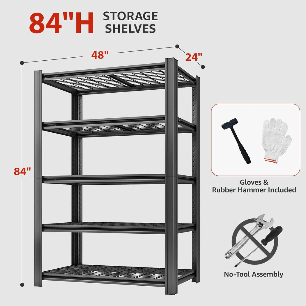 48" W Father&I Industrial Heavy-Dudy Garage Shelving Units/Systems: Metal 5-Tier Storage Shelves Adjustable for Basement/Closet/Tote/Kitchen/Pantry Organization, 84" H*48W *24" D, Black