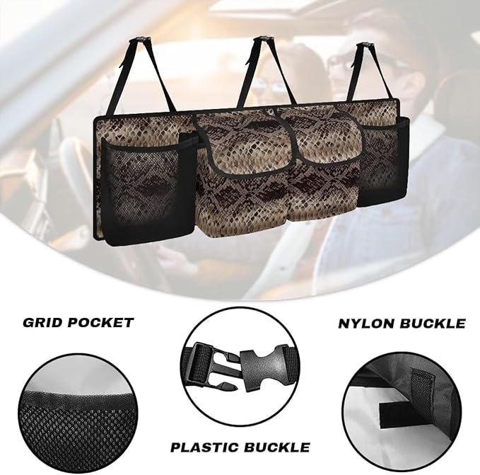 SEANATIVE Brown Snake Skin Back Seat Trunk Organizer Hanging Car Organizer Trunk Foldable Cargo Storage with 4 Large Pockets 3 Adjustable Straps Car Interior Accessories 37.01x11.81inch
