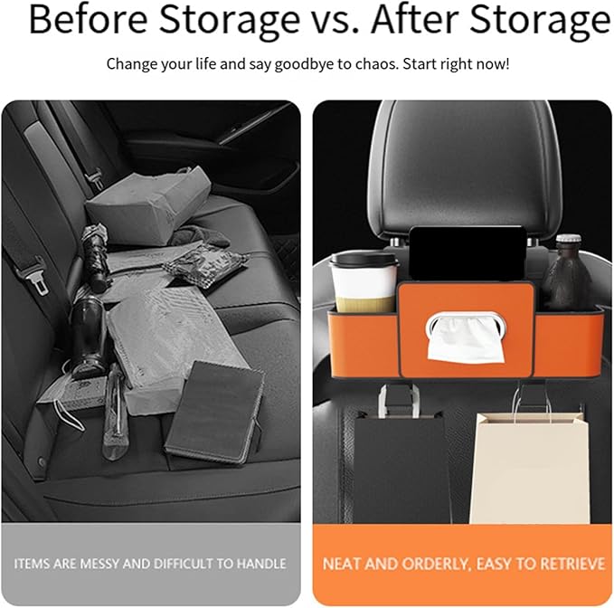 Car Back Seat Organizer with Hooks & Tissue Dispenser – Faux Leather Storage Box with Cup Holders, Multi-Compartment for Sunglasses & Chargers, Compatible with Most Seat Beige 2pcs