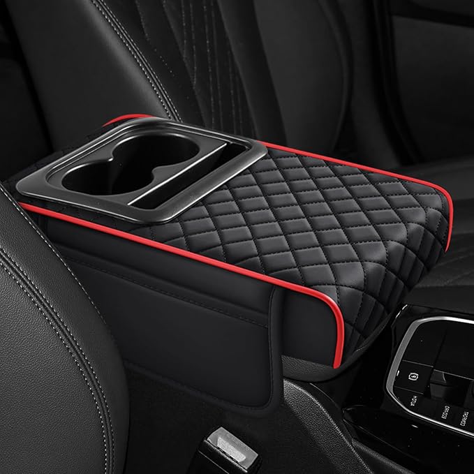Hovom Car Center Console Cover, 13.39"×7.87"×2.76" Leather Armrest Cover for Cars, Memory Foam Armrest Pillow with Pocket, Cup Holder & Phone Slot, Universal Vehicle Arm Rest Cushion Pad (Black+Red)