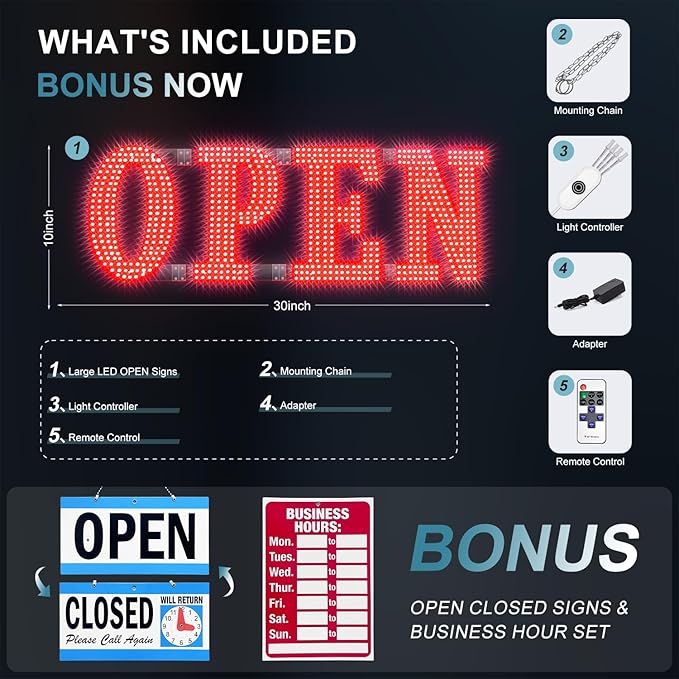 30" x 10" Large LED Open Signs